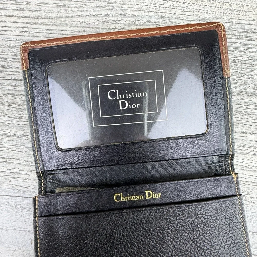 Vintage Christian Dior Leather Checkbook Cover Wallet Black Brown ID Holder